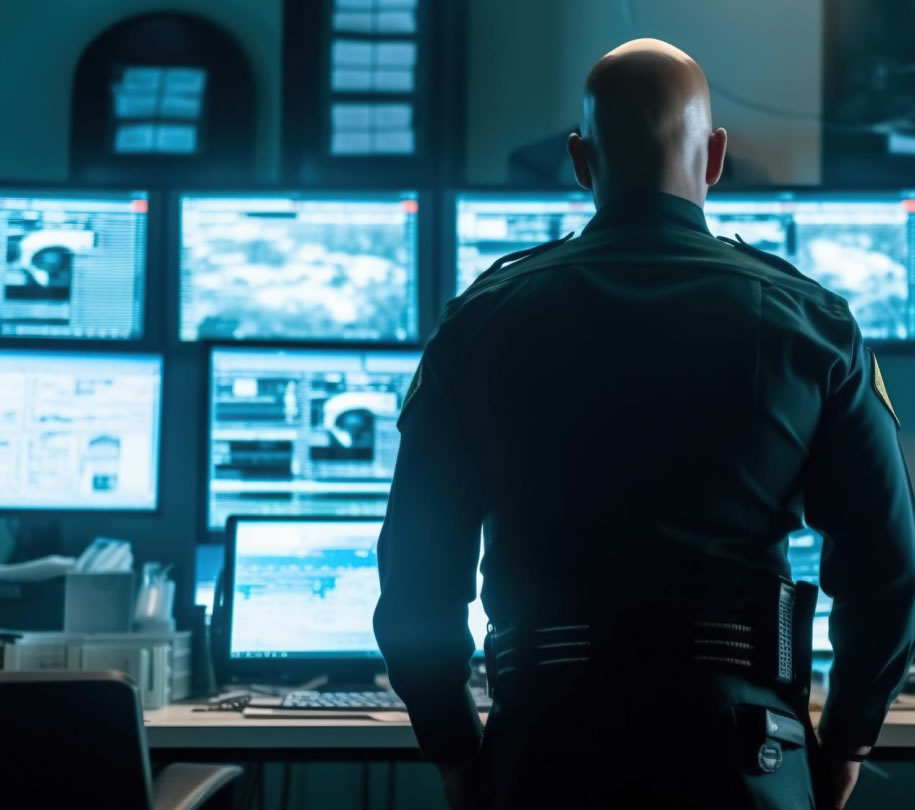 A real-time crime center analyst monitoring a wall of incident feeds and case data