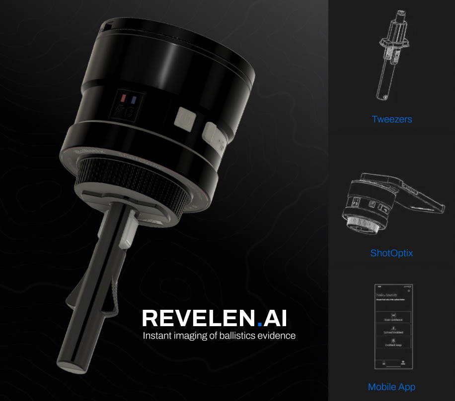 The handheld ShotOptix scanner held alongside the Revelen app reading a recovered shell casing